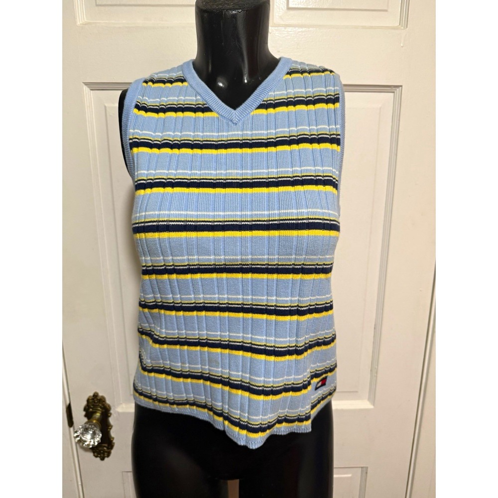 Vintage 90s 2000s Tommy Hilfiger Womens Rib Knit Stripe V-Neck Shirt Size M